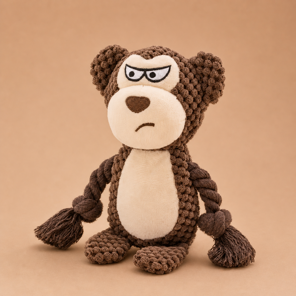 Benny the Bear durable plush dog toy with rope and squeaker, 23cm height (front view)