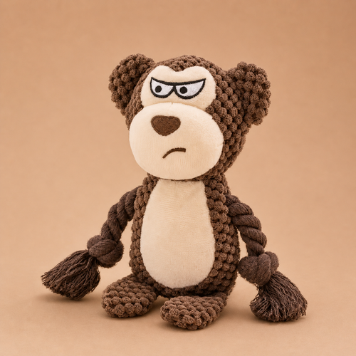 Benny the Bear durable plush dog toy with rope and squeaker, 23cm height (front view)