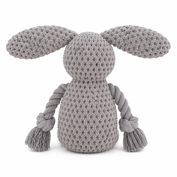 Bunny the Rabbit durable plush dog toy with rope and squeaker, 23cm height (back view)