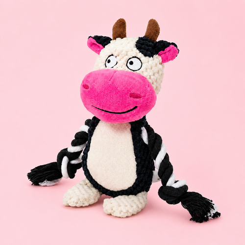 Coco the Cow durable plush dog toy with rope and squeaker, 23cm height (front view)