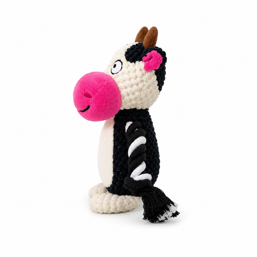 Coco the Cow durable plush dog toy with rope and squeaker, 23cm height (side view)
