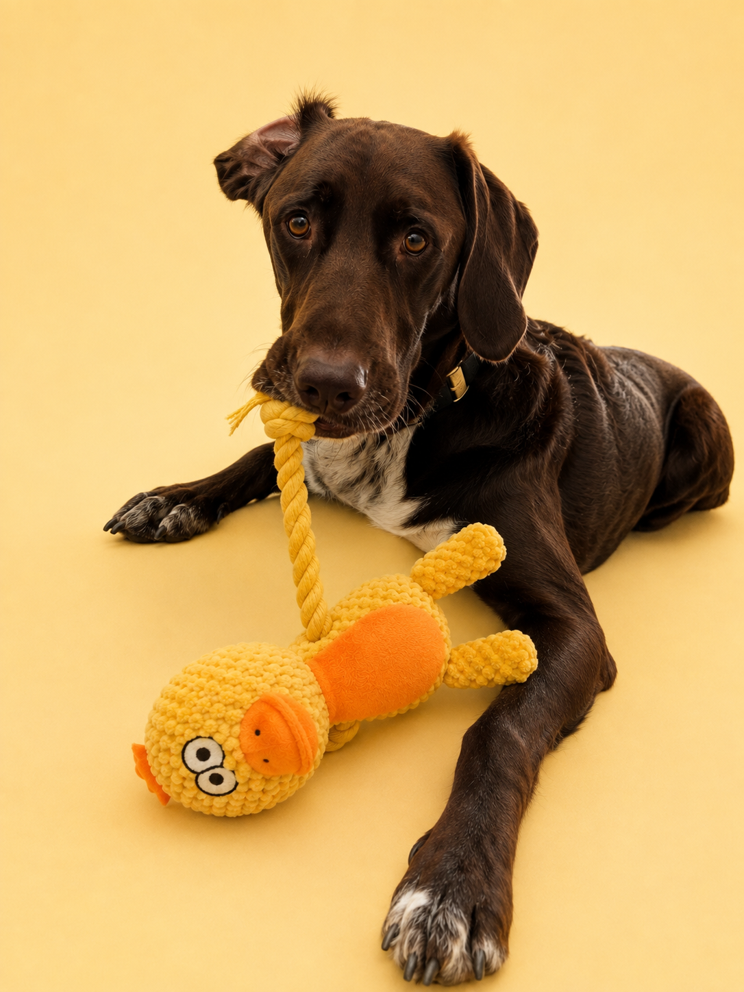 A dark brown dog lying on a yellow studio background, holding a yellow rope toy with a yellow and orange plush duck attached in its mouth.