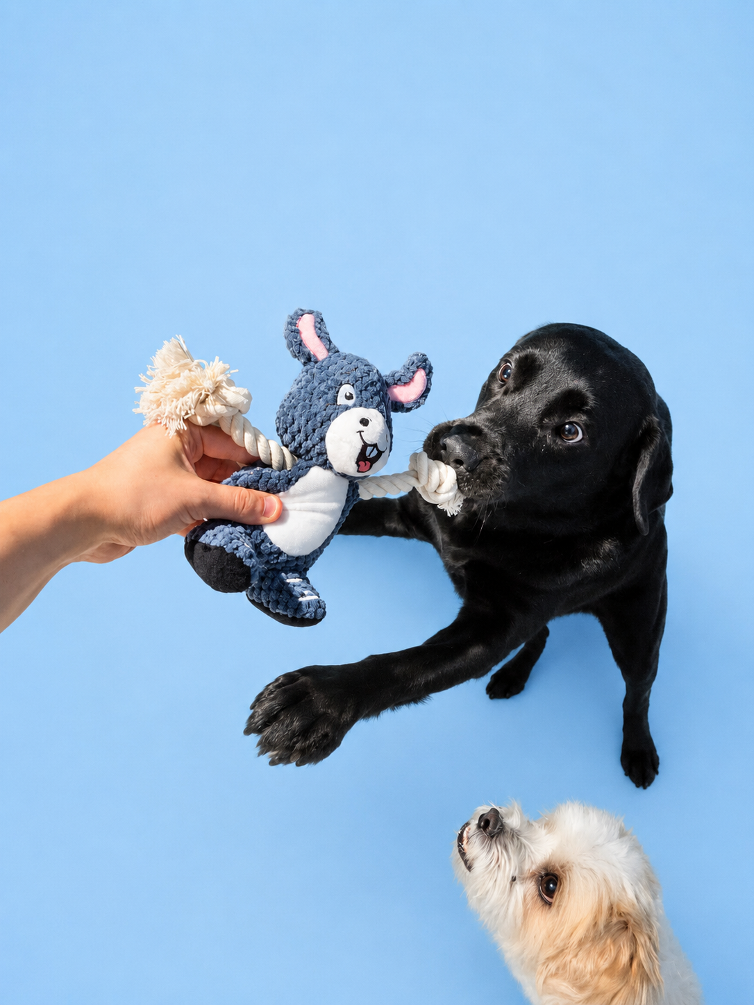 A black dog and a small white dog look up at a hand holding a blue and white plush toy with a rope, against a solid light blue background.