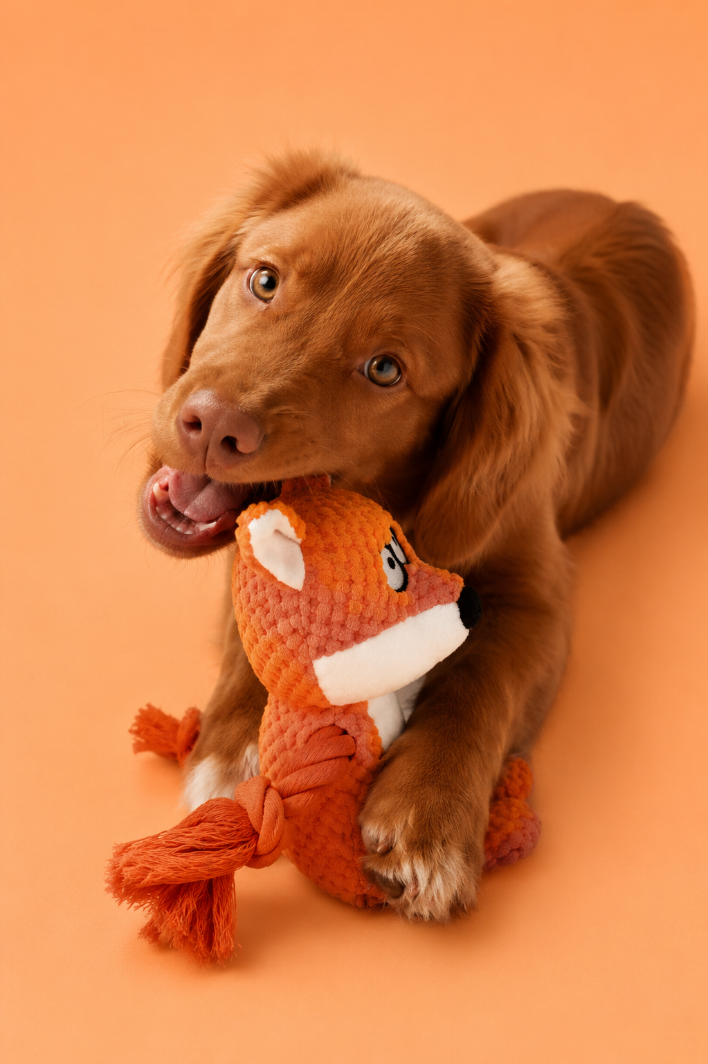 A brown dog lying on an orange background and holding an orange plush fox toy in its mouth.