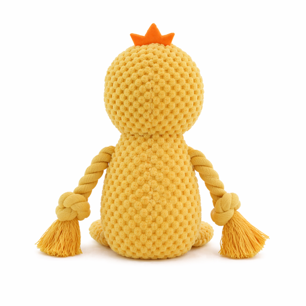 Duke the Duck durable plush dog toy with rope and squeaker, 23cm height (back view)
