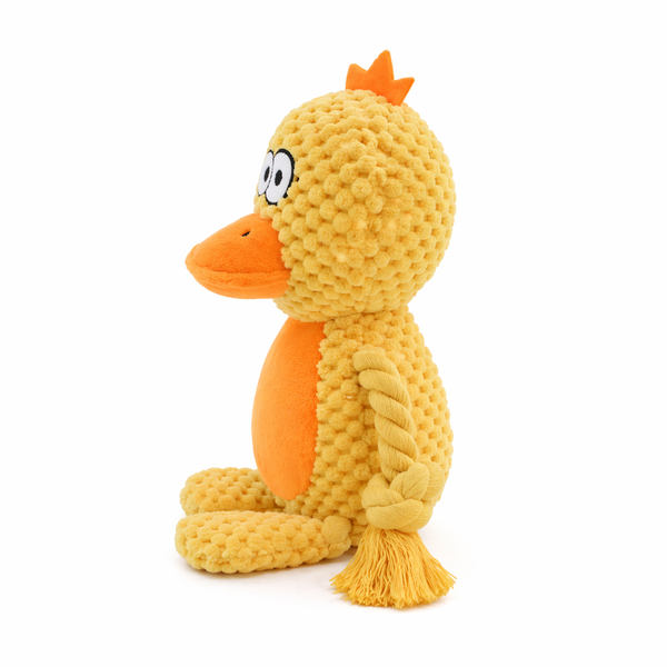 Duke the Duck durable plush dog toy with rope and squeaker, 23cm height (side view)