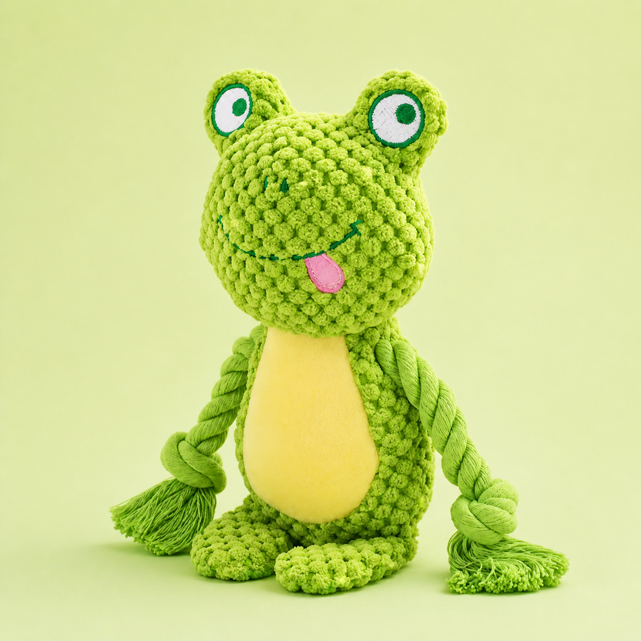 Freddy the Frog plush dog toy with rope and squeaker, 23cm height (front view)