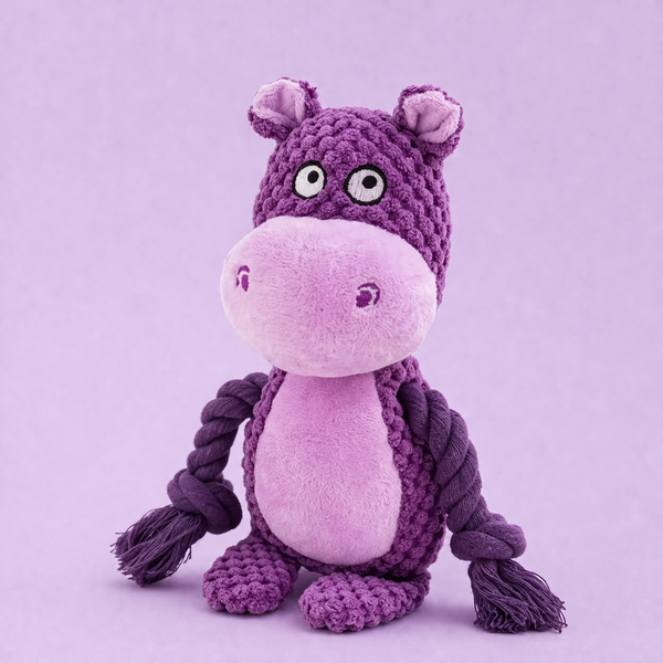 Harry the Hippo durable plush dog toy with rope and squeaker, 23cm height (front view)