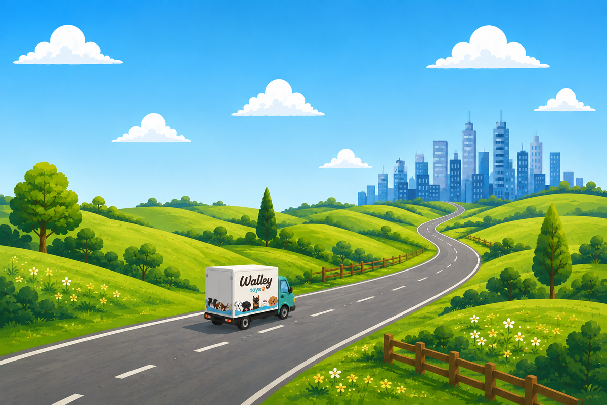 A stylized illustrated landscape with rolling green hills, a winding road, a small white delivery truck labeled 'Walley toys' on the side, and a blue city skyline in the distance under a bright blue sky with white clouds.