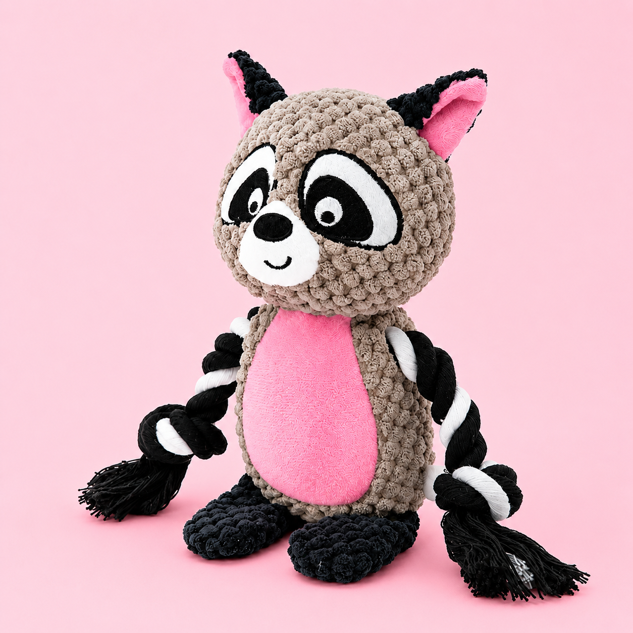 Bandit the Raccoon plush dog toy with rope and squeaker, 23cm height (front view)