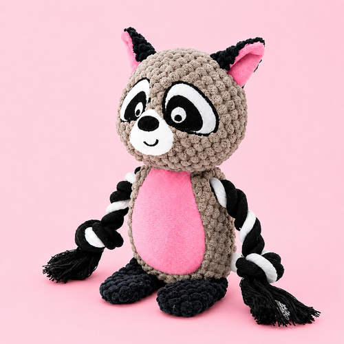 Bandit the Raccoon plush dog toy with rope and squeaker, 23cm height (front view)
