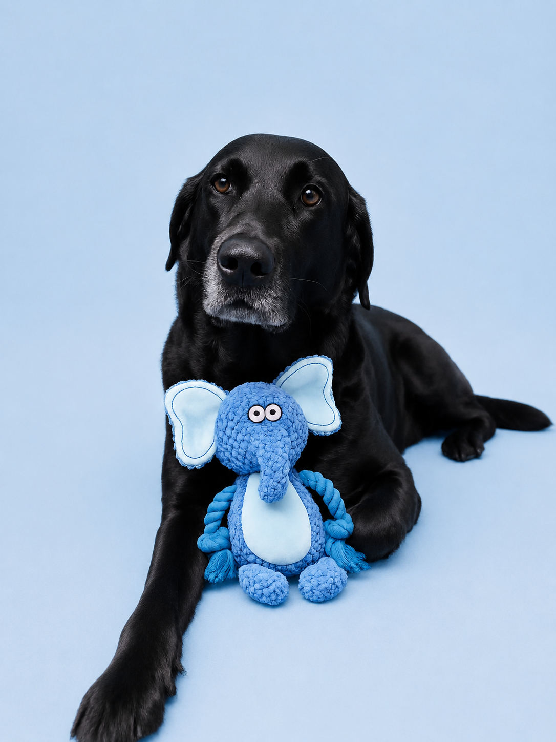 A black dog lying on a light blue studio background, holding a blue crocheted elephant toy.