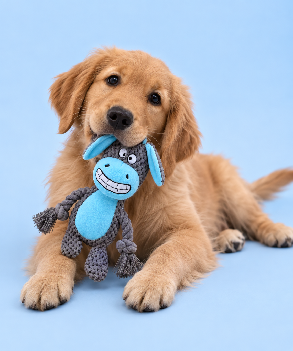 A golden retriever puppy lying on a light blue background, holding a knotted durable plush dog toy in its mouth. The toy is gray with a bright blue belly and blue ears.